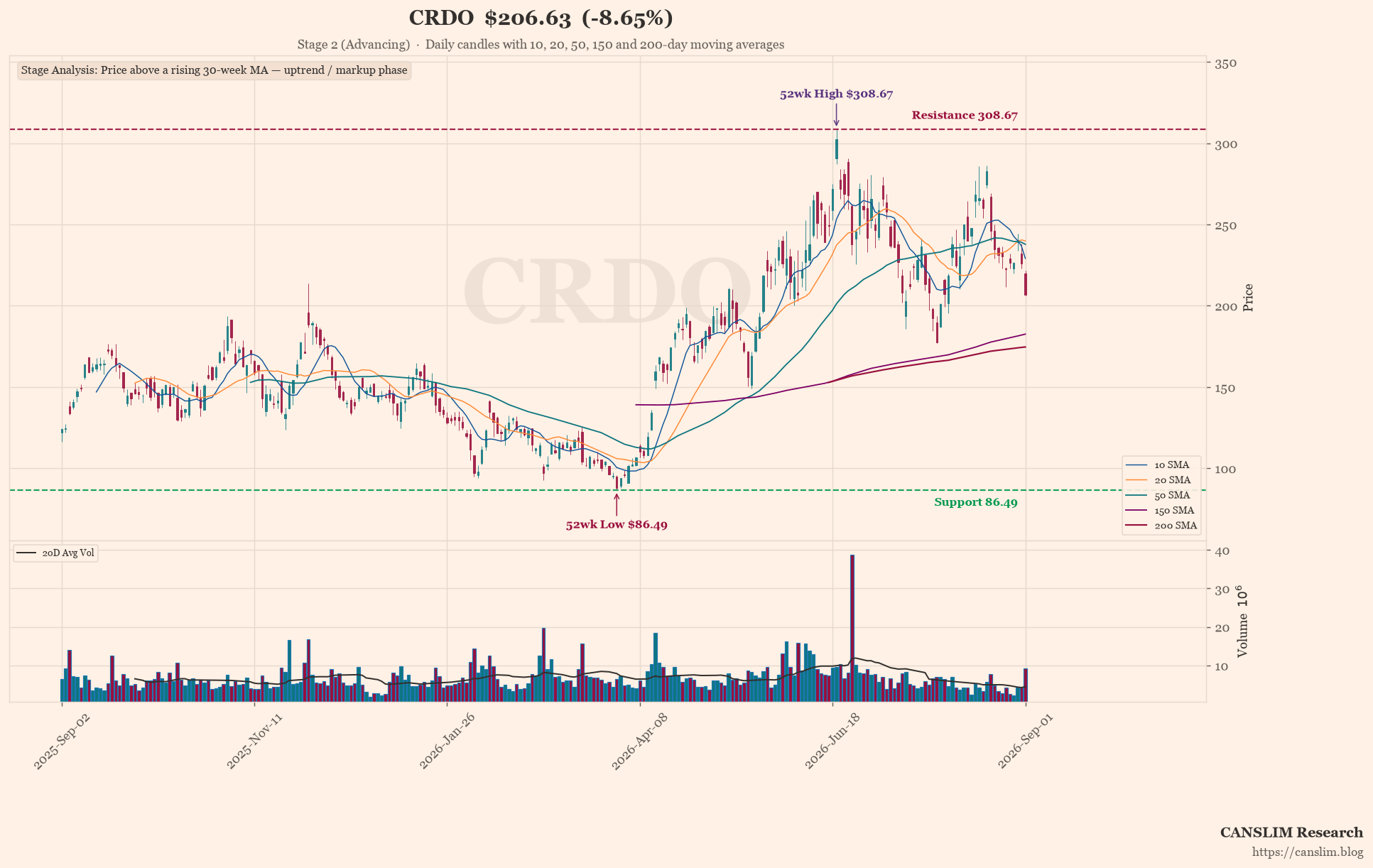 CRDO earnings-call technical analysis chart — Stage 2 (Advancing), 52wk High, 52wk Low, last price $206.63, as of September 02, 2026 at 13:28