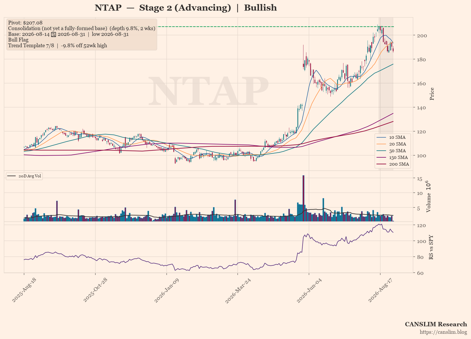 NTAP Stage 2 Uptrend Intact; Bull Flag Forms After 28.5% Run