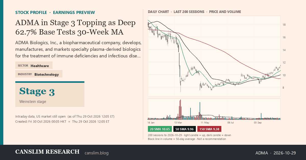 ADMA stock profile infographic with daily candles, 20, 50 and 150-day simple moving averages and volume, Stage 3 (Topping), as of October 30, 2026 at 00:05 — CANSLIM Research