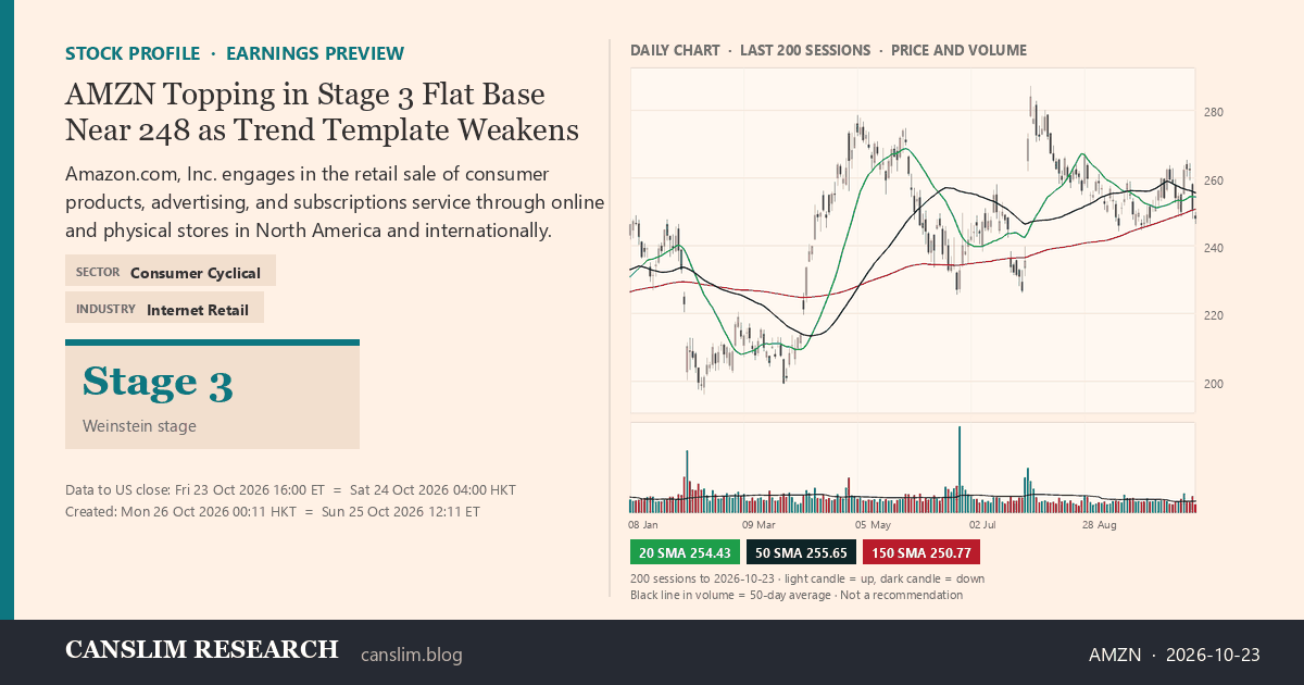 AMZN stock profile infographic with daily candles, 20, 50 and 150-day simple moving averages and volume, Stage 3 (Topping), as of October 26, 2026 at 00:11 — CANSLIM Research