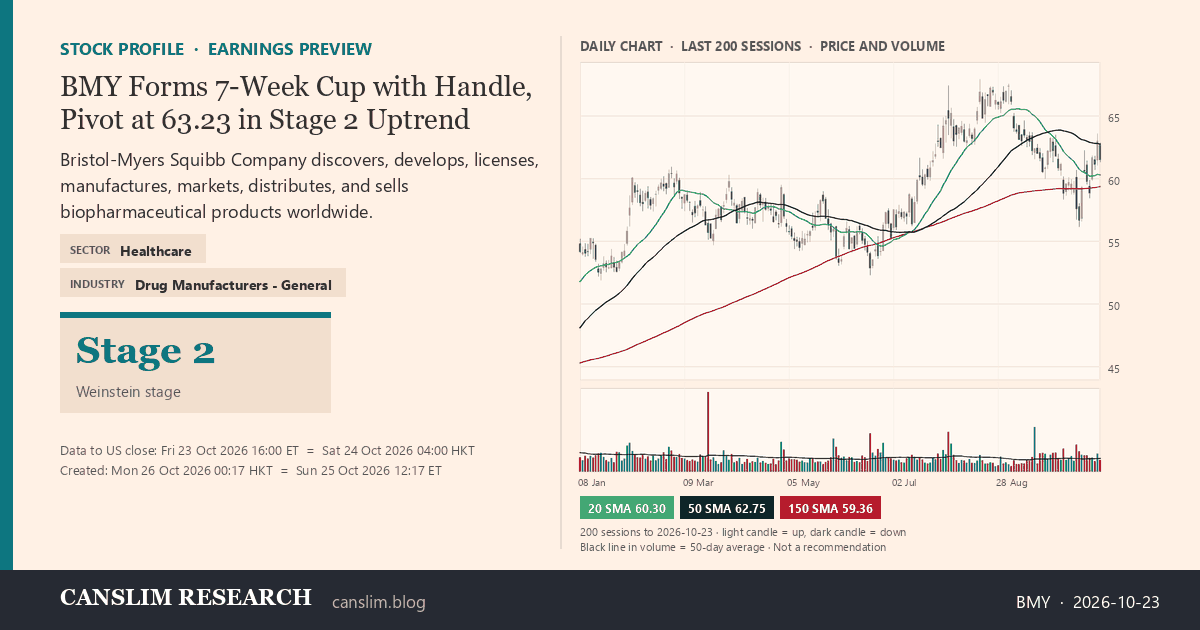 BMY stock profile infographic with daily candles, 20, 50 and 150-day simple moving averages and volume, Stage 2 (Advancing), as of October 26, 2026 at 00:17 — CANSLIM Research