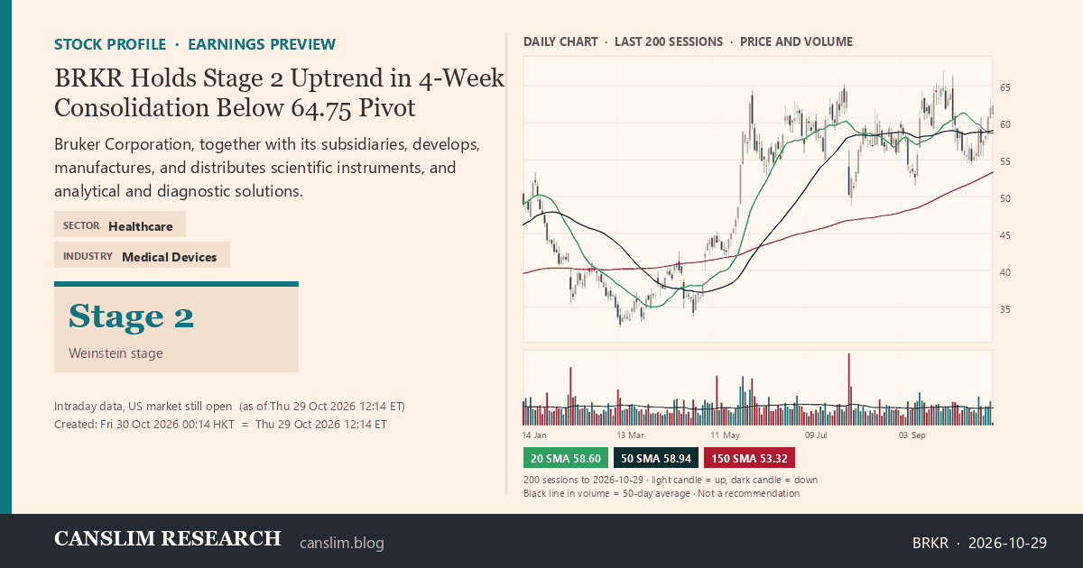 BRKR stock profile infographic with daily candles, 20, 50 and 150-day simple moving averages and volume, Stage 2 (Advancing), as of October 30, 2026 at 00:14 — CANSLIM Research