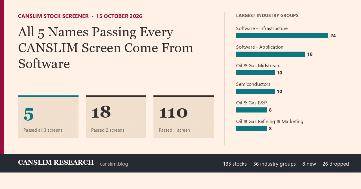 CANSLIM stock screener, 15 October 2026: 133 stocks, 5 passed all three screens; largest group Software with 42 names.
