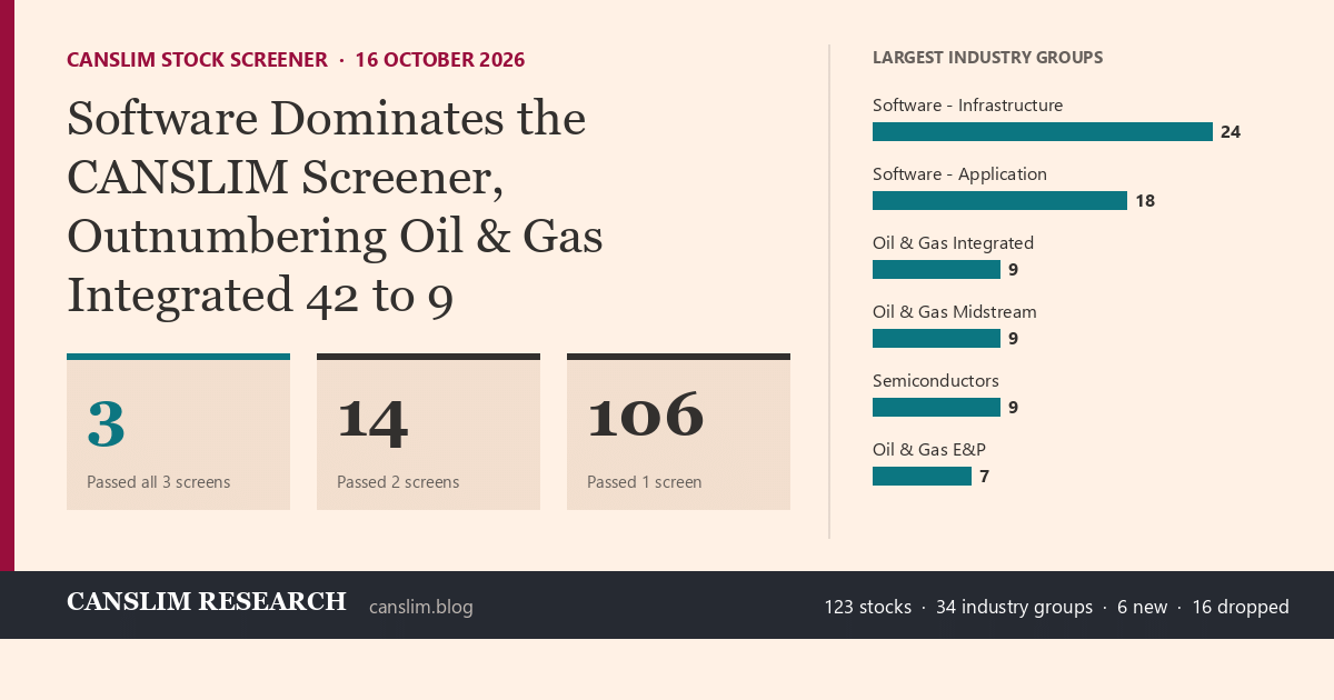 CANSLIM stock screener, 16 October 2026: 123 stocks, 3 passed all three screens; largest group Software with 42 names.