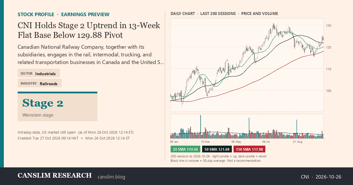 CNI stock profile infographic with daily candles, 20, 50 and 150-day simple moving averages and volume, Stage 2 (Advancing), as of October 27, 2026 at 00:14 — CANSLIM Research