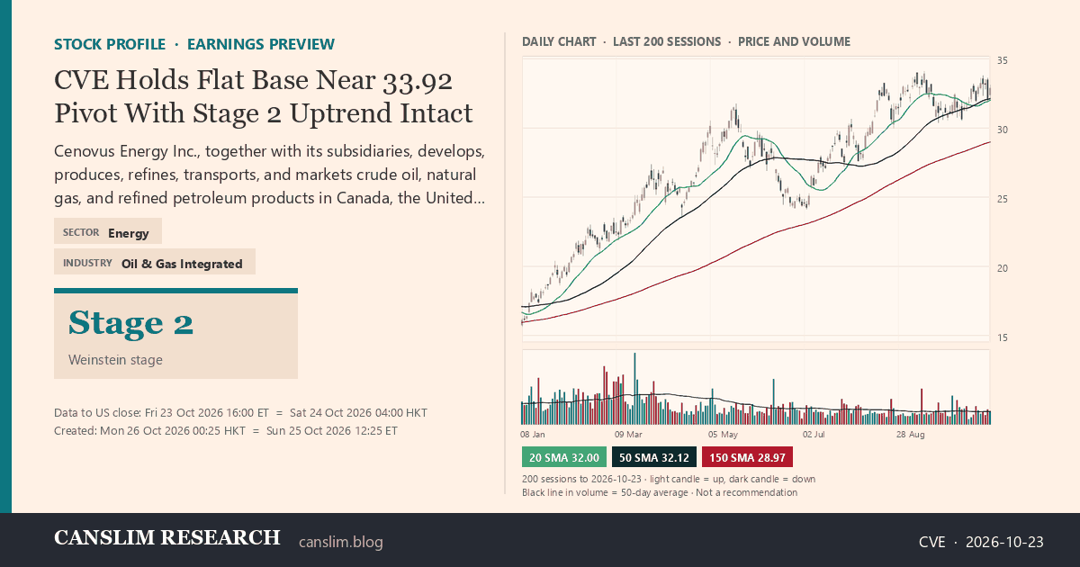 CVE stock profile infographic with daily candles, 20, 50 and 150-day simple moving averages and volume, Stage 2 (Advancing), as of October 26, 2026 at 00:25 — CANSLIM Research