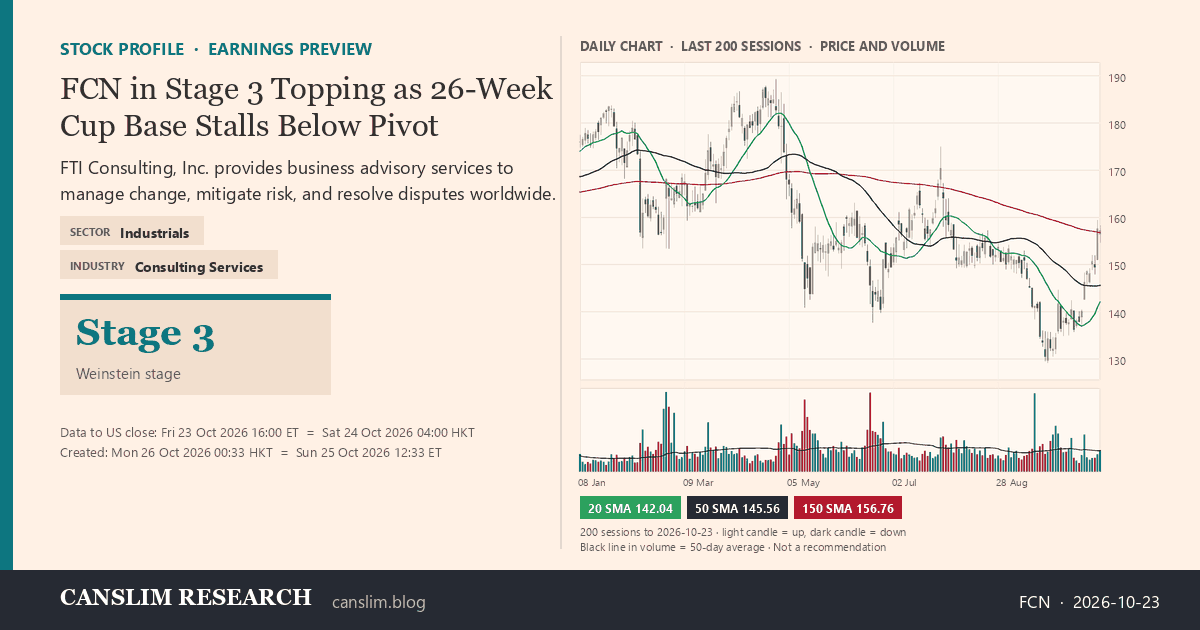 FCN stock profile infographic with daily candles, 20, 50 and 150-day simple moving averages and volume, Stage 3 (Topping), as of October 26, 2026 at 00:33 — CANSLIM Research