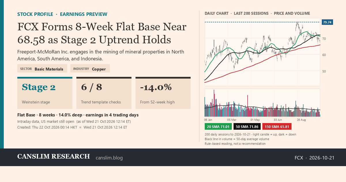 FCX stock profile infographic with daily candles, 20, 50 and 150-day simple moving averages and volume, Stage 2 (Advancing), as of October 22, 2026 at 00:14 — CANSLIM Research