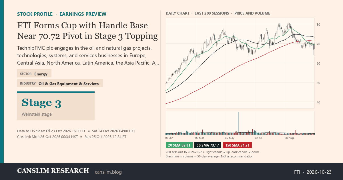 FTI stock profile infographic with daily candles, 20, 50 and 150-day simple moving averages and volume, Stage 3 (Topping), as of October 26, 2026 at 00:34 — CANSLIM Research