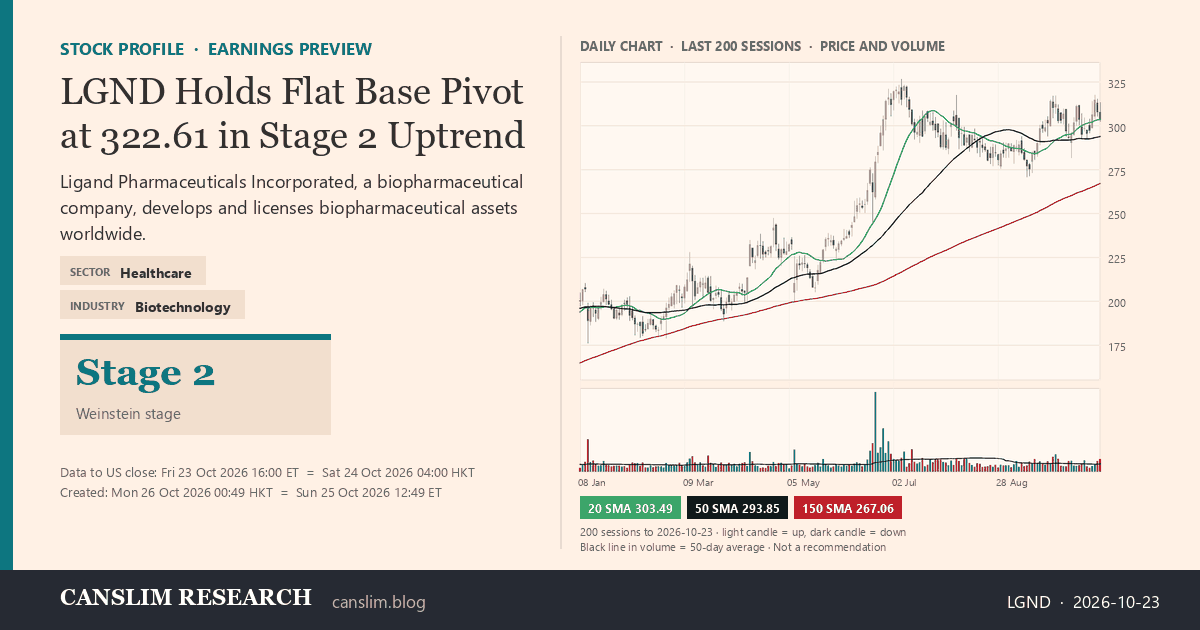 LGND stock profile infographic with daily candles, 20, 50 and 150-day simple moving averages and volume, Stage 2 (Advancing), as of October 26, 2026 at 00:49 — CANSLIM Research