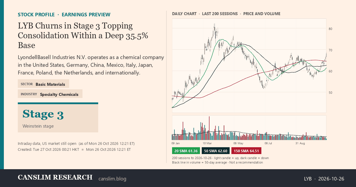LYB stock profile infographic with daily candles, 20, 50 and 150-day simple moving averages and volume, Stage 3 (Topping), as of October 27, 2026 at 00:21 — CANSLIM Research