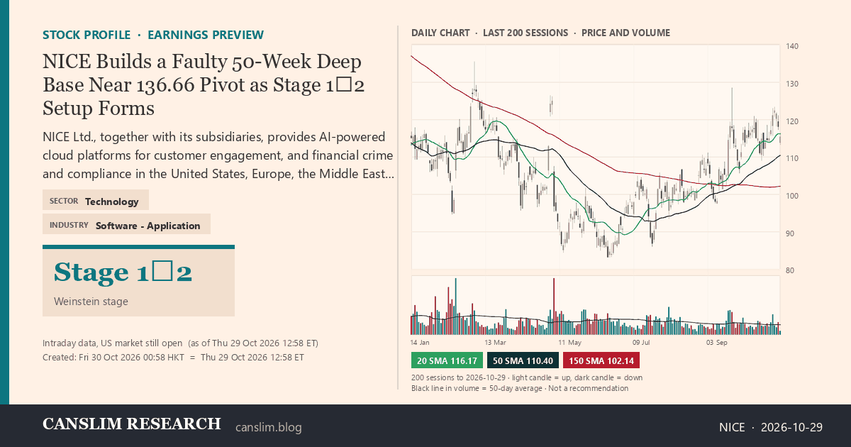 NICE stock profile infographic with daily candles, 20, 50 and 150-day simple moving averages and volume, Stage 1→2 (Basing / Early Advance), as of October 30, 2026 at 00:58 — CANSLIM Research