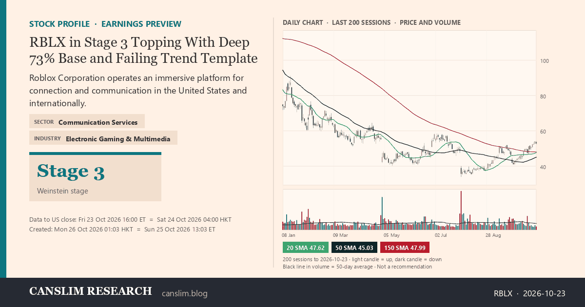 RBLX stock profile infographic with daily candles, 20, 50 and 150-day simple moving averages and volume, Stage 3 (Topping), as of October 26, 2026 at 01:03 — CANSLIM Research