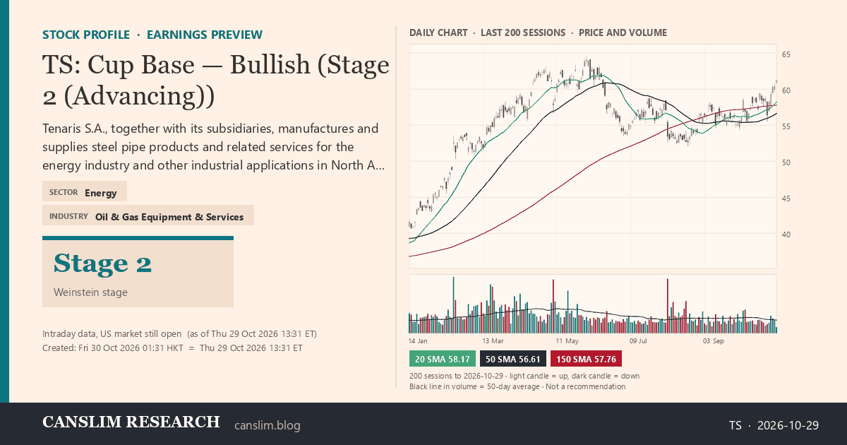 TS stock profile infographic with daily candles, 20, 50 and 150-day simple moving averages and volume, Stage 2 (Advancing), as of October 30, 2026 at 01:31 — CANSLIM Research